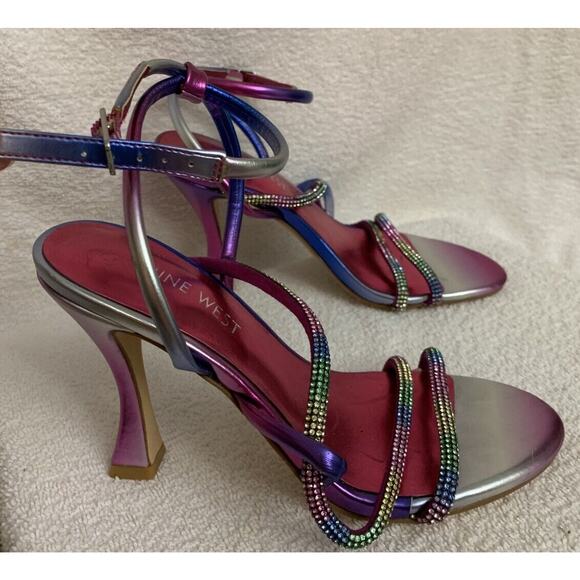 Nine West Blitz Glitter Sandals Strappy Heels Ankle Strap Womens 5 Multicolor - Picture 2 of 7